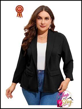 Plus Size Peplum Blazer High Low Ruffle Hem Open Front Work Jacket Pockets